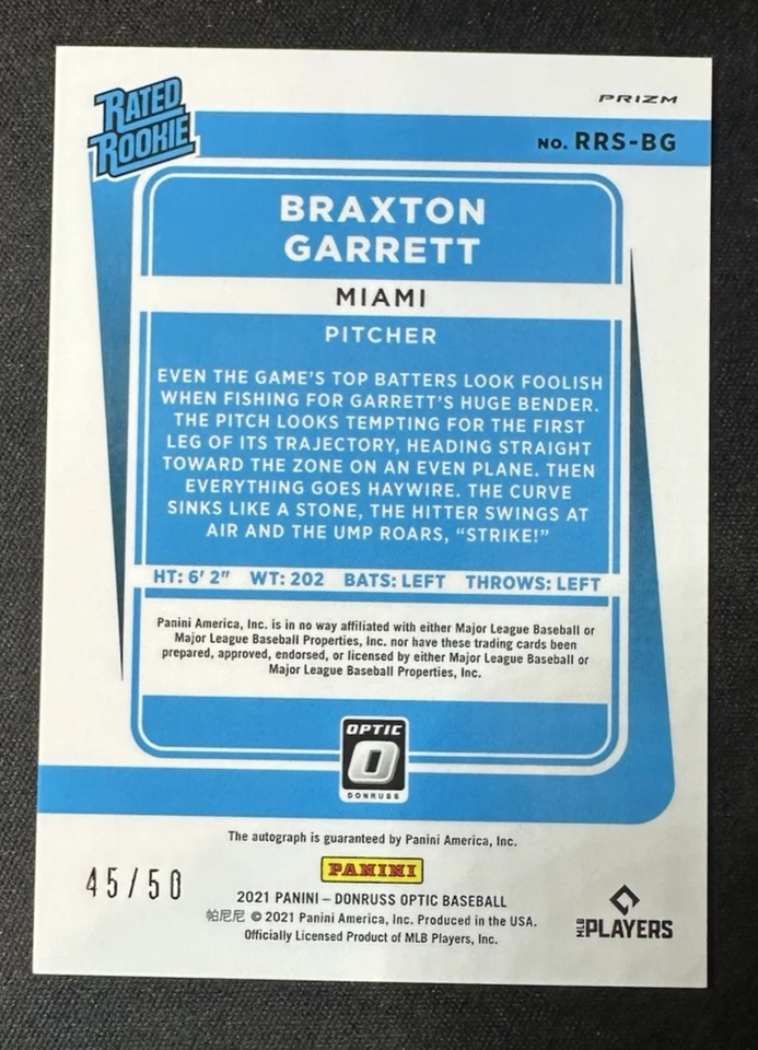 2021 DONRUSS OPTIC RRS-BG BRAXTON GARRETT RED RATED ROOKIE AUTOGRAPH 45/50 - Image 2 of 2