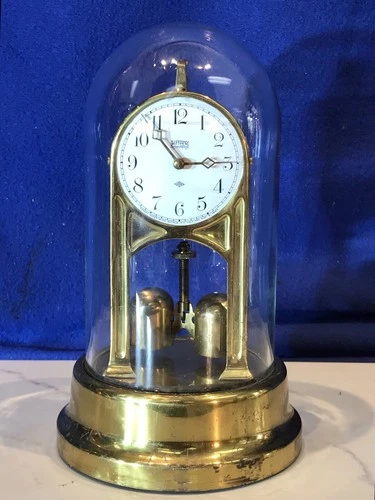 Vintage USA Tiffany Never-Wind Electric Torsion Brass Clock Brass Dome Glass