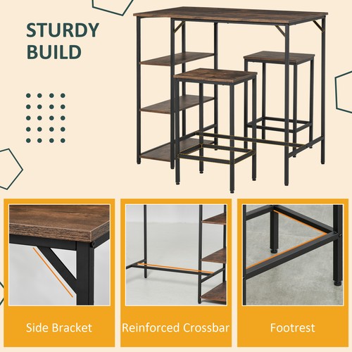 Bar Height Dining Table Set With 2 Stools & Side Shelf 3 Pieces Bar Set - Picture 4 of 11
