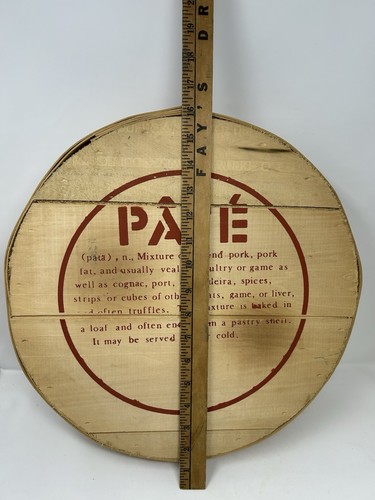 Caja de madera redonda con tapa 15" diámetro 3 1/2 pulgadas de profundidad Paté descripción en la parte superior de colección - Imagen 2 de 11