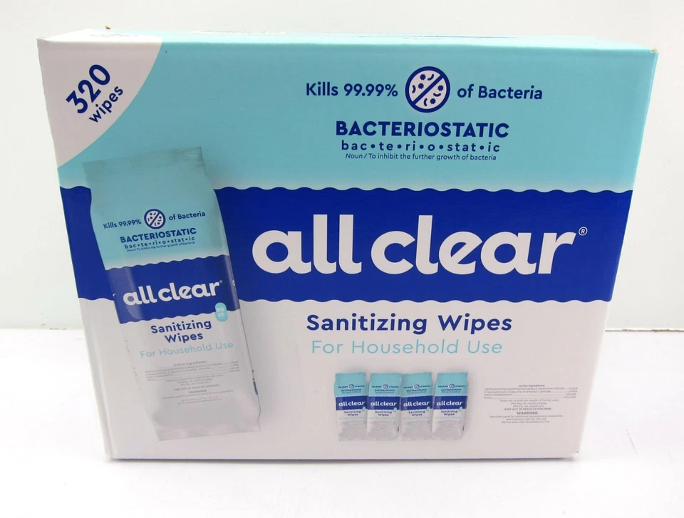 NEW All Clear 320 Count Sanitizing Wipes Cleaner 4 Pks x 80 Bacteriostatic 8"x7" - Image 2 of 2