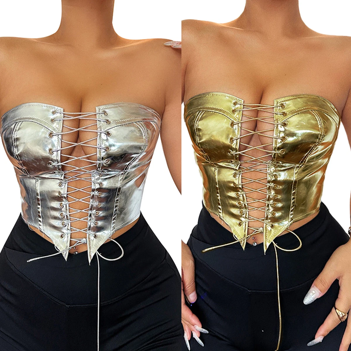 Womens Metallic Lace Up Bustier Cami Vest Strapless Bandeau Tube Crop Corset  Top