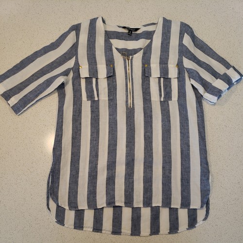 Ellen Tracy Linen Top Womens M Blue Stripe Zip Roll Tab Sleeve Lagenlook Tunic - Picture 5 of 11
