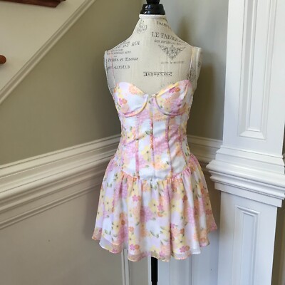 for love and lemons carrie mini dress Love & Lemons Carrie Corset Mini Dress Womens Small Pink Yellow Floral Print