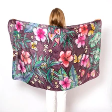 Parrot Flower Hand Painted Silk Scarf Purple Floral Large Scarf Sarong 70X37