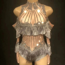 Rhinestone Women Bodysuit Glitter Fringe Pole Dance Costume Nightclub Stage Wear