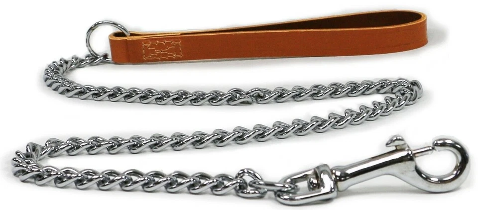 Chain Dog Lead - Tan. Leather, Chrome Steel. 5 Sizes. 50/80/90cm. 30/50/75KG. - Image 2 of 4
