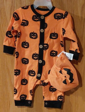 New 2 Piece Infant Celebrate Halloween Black Pumpkin Romper Hat sz 0-3 -4217