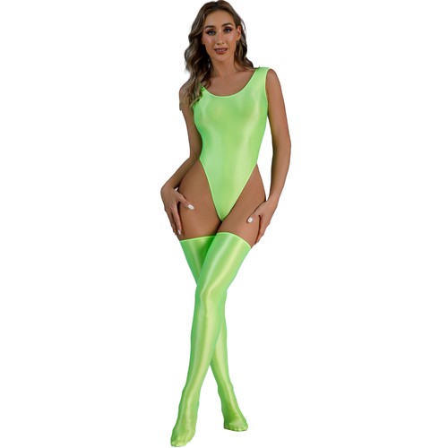 Sexy Traje corporal brillante al aceite para mujer Medias Lencería Corte alto Camiseta sin mangas Mono - Imagen 63 de 95