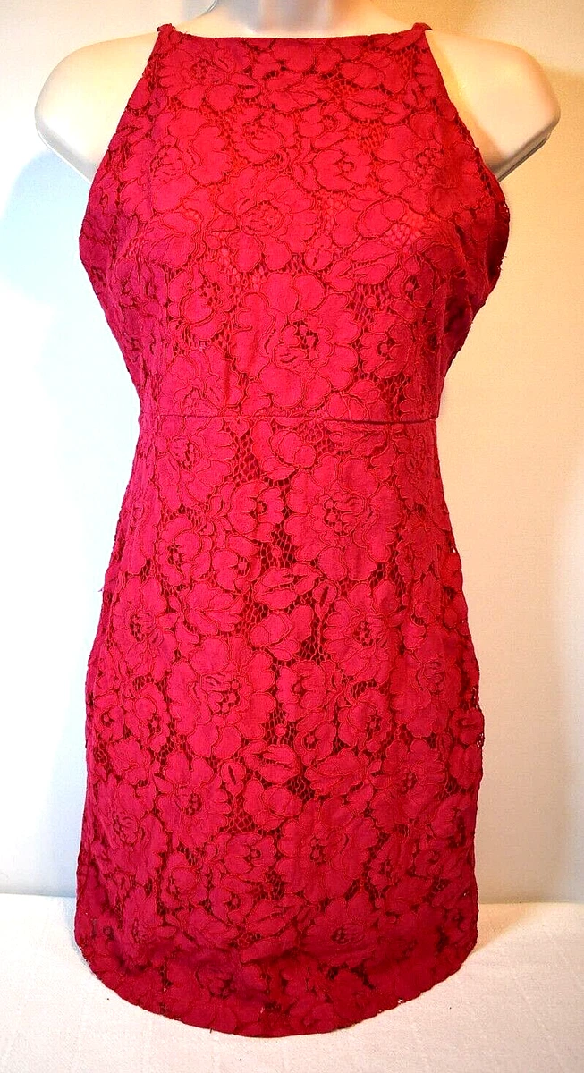 Christmas Red Cocktail Dress Lace Flowers over Matching Red Sheath Size Small