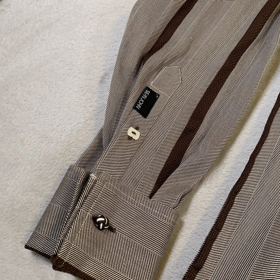 Sean John 衬衫男式大号棕色色调对角线条纹棉质 LS 纽扣正面 — 第 4/4 张图片