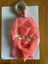 Transparent Pink Latex Hood Rubber Mask with golden wig&back zipper Fetish wear