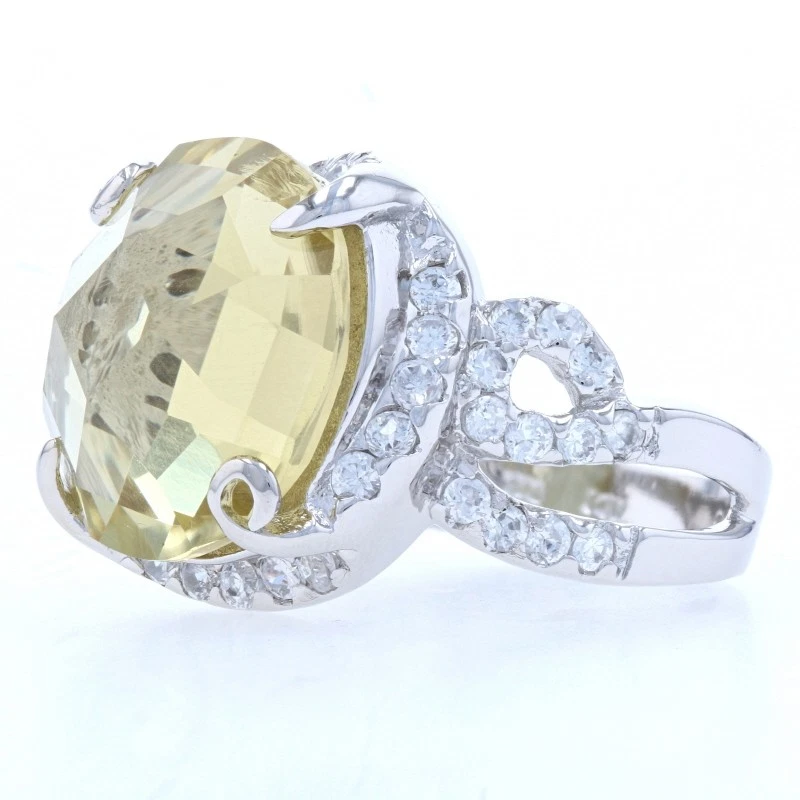 Argento Sterling Limone Quarzo E Zircone Cubico Halo Anello - 925 Rotondo - Immagine 3 di 4