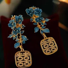 Enamel Clip On Earrings Chinese Style Flower Double Happiness Jewelry for Women