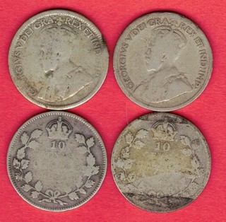 4 Undated Canada Silver Dimes: 1911 1936 .24 Troy Oz ASW US$19 in Silver