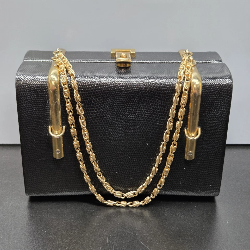 Bolso de mano vintage Meyer Box asas de cadena dorada piel de lagarto en relieve negro Foto 2 de 4