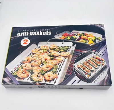 LinkFair 2Pk Stainless Steel Grill Baskets 17.7  & 13.8  BBQ Veggie Baskets