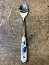Stainless 18-10 Tea Jam Spoon White Porcelain Handle Blue Flowers Gold-Trim #20