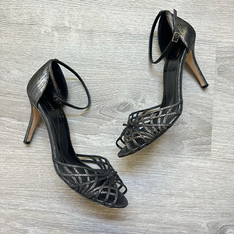 KATE SPADE Sz 10 Black Leather Strappy Heels Cage Peep Toe Ankle Strap Shoes - Image 2 of 4