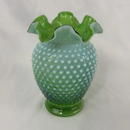 Fenton Hobnail Lime Green Opalescent 6 1/2 Inches Ruffled Edge Vase