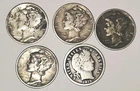 Lot of 5 Vintage US Silver Dimes (1) 1915 Barber & (4) Mercury Dimes 1942-1944