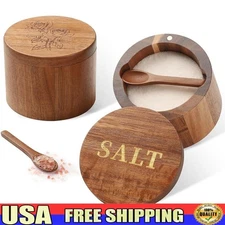 Acacia Wood Salt Cellar Set W/ Built-in Spoon 360° Swivel Lid Engraved Design US