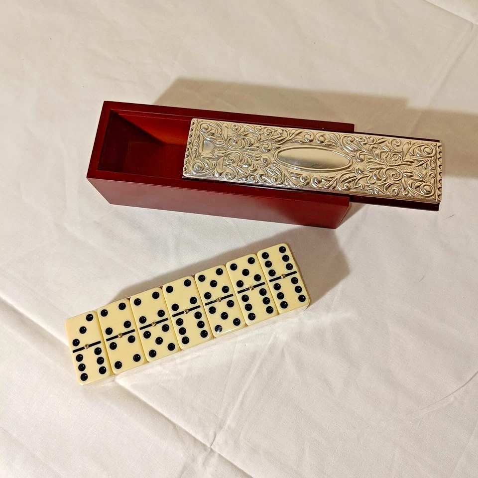 Set Domino 28 Tessere Lusso Legno Argento Vintage Regalo Gioco Collezione Top - Immagine 2 di 4