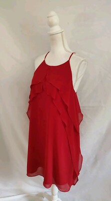 BCBGeneration Dress Party Cocktail Sexy Red Chiffon Open Back Ruffle Layers Sz S