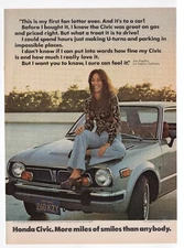 1970s mag print ad HONDA CIVIC More Miles of Smiles Cute Girl mancave garage