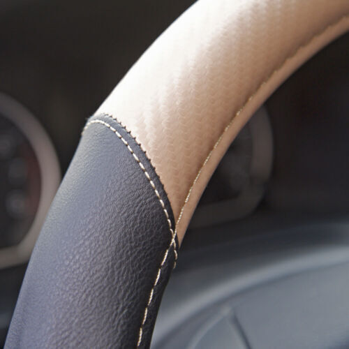 Ergonomic Motor Trend Sporty Carbon Fiber PU Leather Steering Wheel Cover Beige - Bild 6 von 8