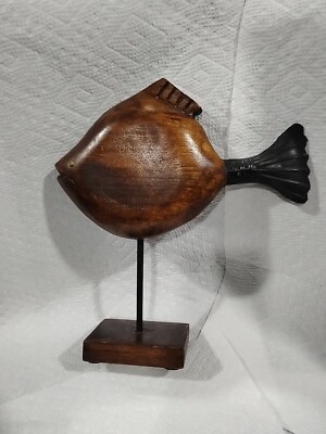 Folk Art  Carved Wooden Fish on Stand, India Connection Brass Eyes Metal Tail