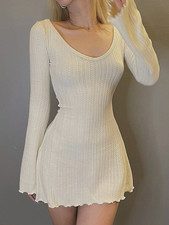 Solid U Neck Backless Sexy Mini Dress A-Line Flared Long Sleeves Knitted Women