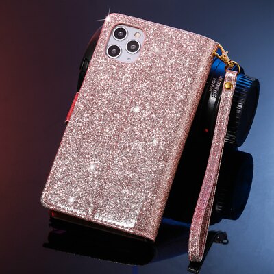 Custodia Portafoglio In Pelle Glitterata Per IPhone 15 Pro – Con Stelle, Luna E Volpe, Porta Carte E Supporto Orizzontale, Colore Oro