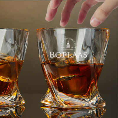 Custom Engraved Boplaas Whiskey Glass   10 oz Twisted Rocks Glass