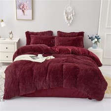 chovy Faux Fur Plush Wine Red Comforter Sets Queen - Ultra Soft Shaggy Flanne...