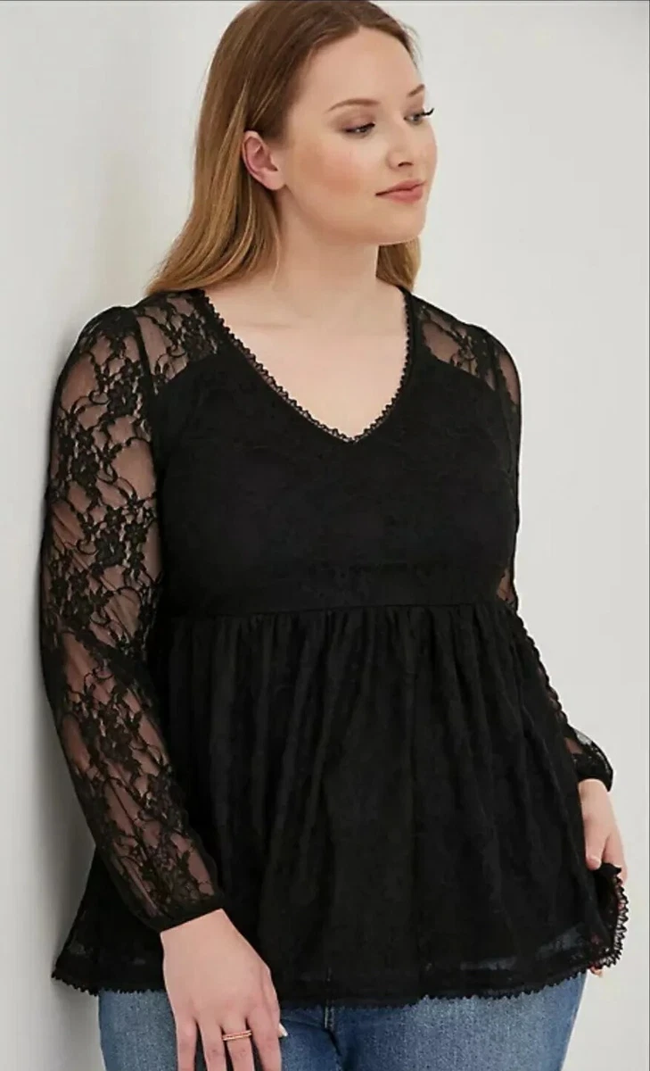 Torrid Beautiful Black Lace Long Sleeve Babydoll Top Plus Size 4X