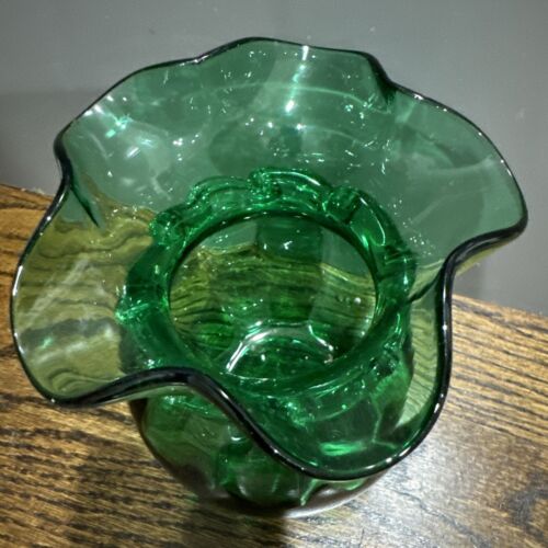Small Vintage Emerald Green Ruffle Top Bud Vase - Picture 2 of 3