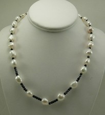 Freshwater White Pearl and Black Spinel Necklace with Sterling Silver Clasp