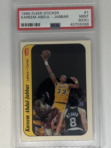 1986 FLEER STICKER #1 KAREEM ABDUL-JABBAR LAKERS HOF PSA 9 (OC)