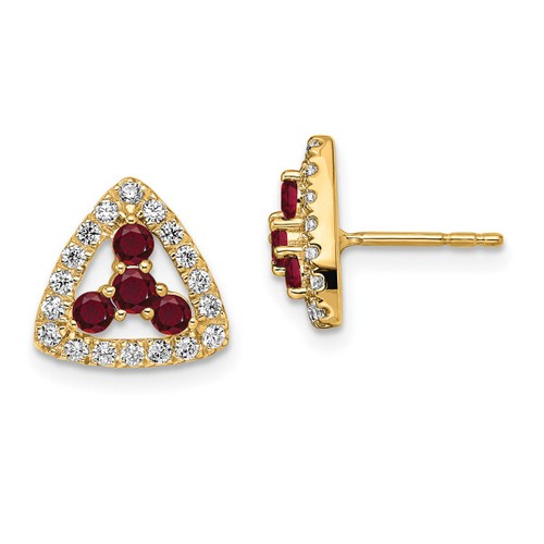 14K Yellow Gold Lab Grown Created Diamond Red Ruby Triangle Post Stud Earring... - Picture 3 of 6