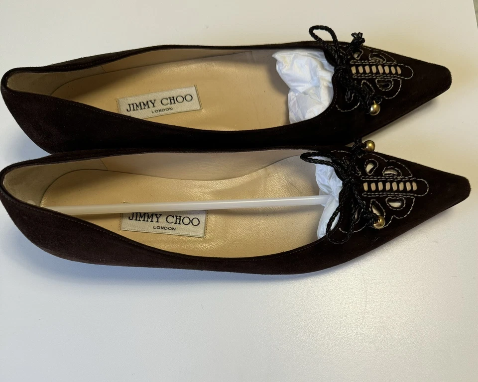 Bailarina Jimmy Choo Vintage Punta Punta Mariposa Plana Marrón Gamuza Talla 38 1/2 Foto 4 de 4