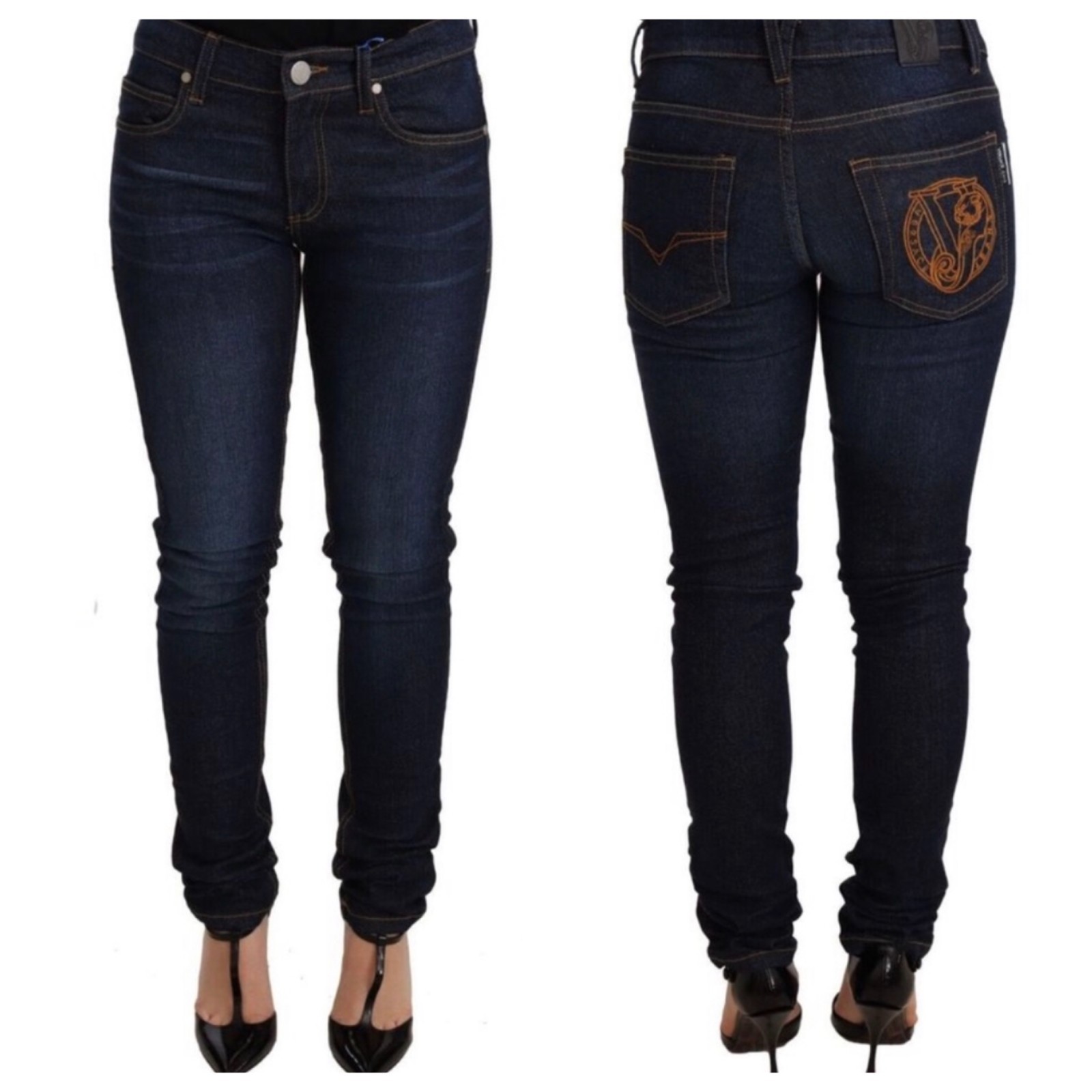 Versace Jeans Dark Blue Cotton Low Waist Skinny Denim Size 27 Waist