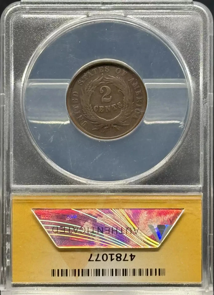 1865 Two cent piece ANACS VG-8 Plain 5 - Image 2 of 2