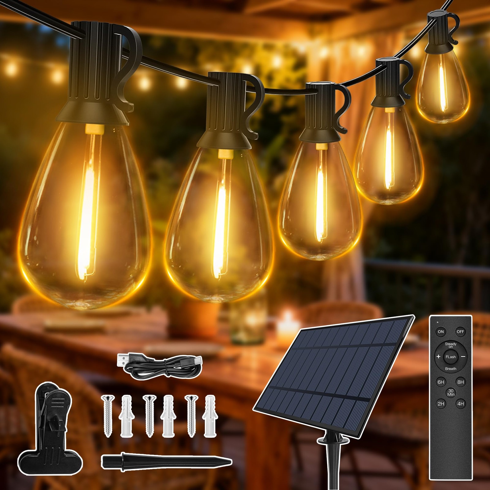 Guirlande lumineuse solaire d'extérieur 15m avec 17 ampoules LED G40 incassables étanches IP65 noire