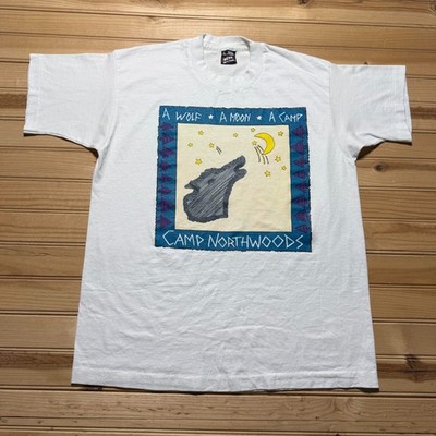 Vintage 90s Camp Northwoods Wolf Moon Stars Outdoor Graphic T-Shirt USA - Large