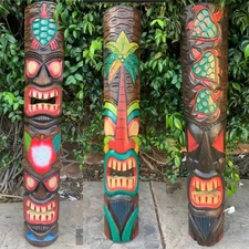 3 Set of Hand Carved Wooden Tiki Totem Masks Tropical Bar Patio Decor 39"x 6"
