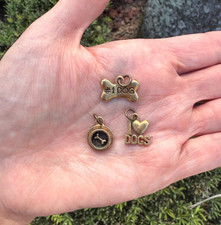 Dog Charms I Love Dogs, Dog Bowl w Bone, 1 Dog 3 Charm Lot Gold/Bronze Vet Gift