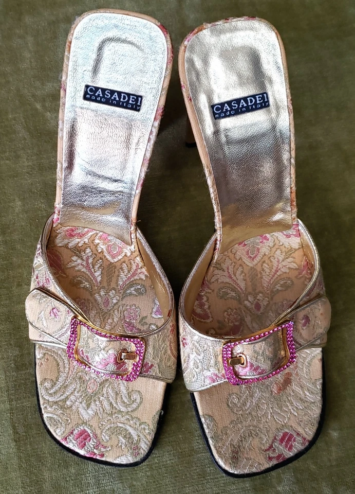 Vintage Casadei Gold Brocade Pink Crystal Buckle Heels Shoes Mules 8.5B - Image 3 of 4