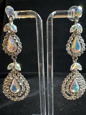 Gorgeous Vintage Aurora Borealis Vintage Pierced Chandelier Drop Earrings 3 