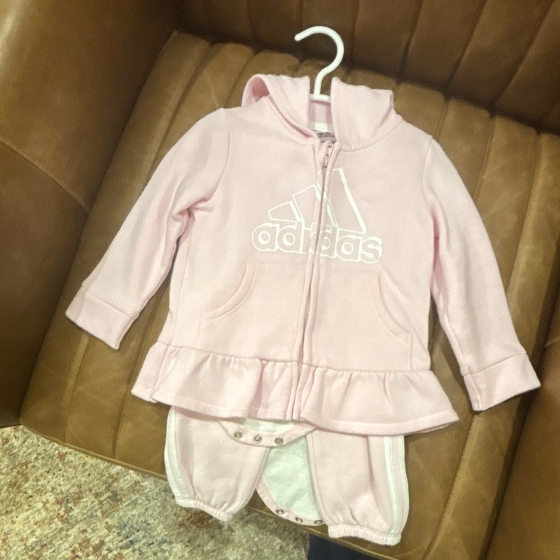 adidas 3 Piece Pink & White Jacket Bodysuit & Pants Set 12 Months